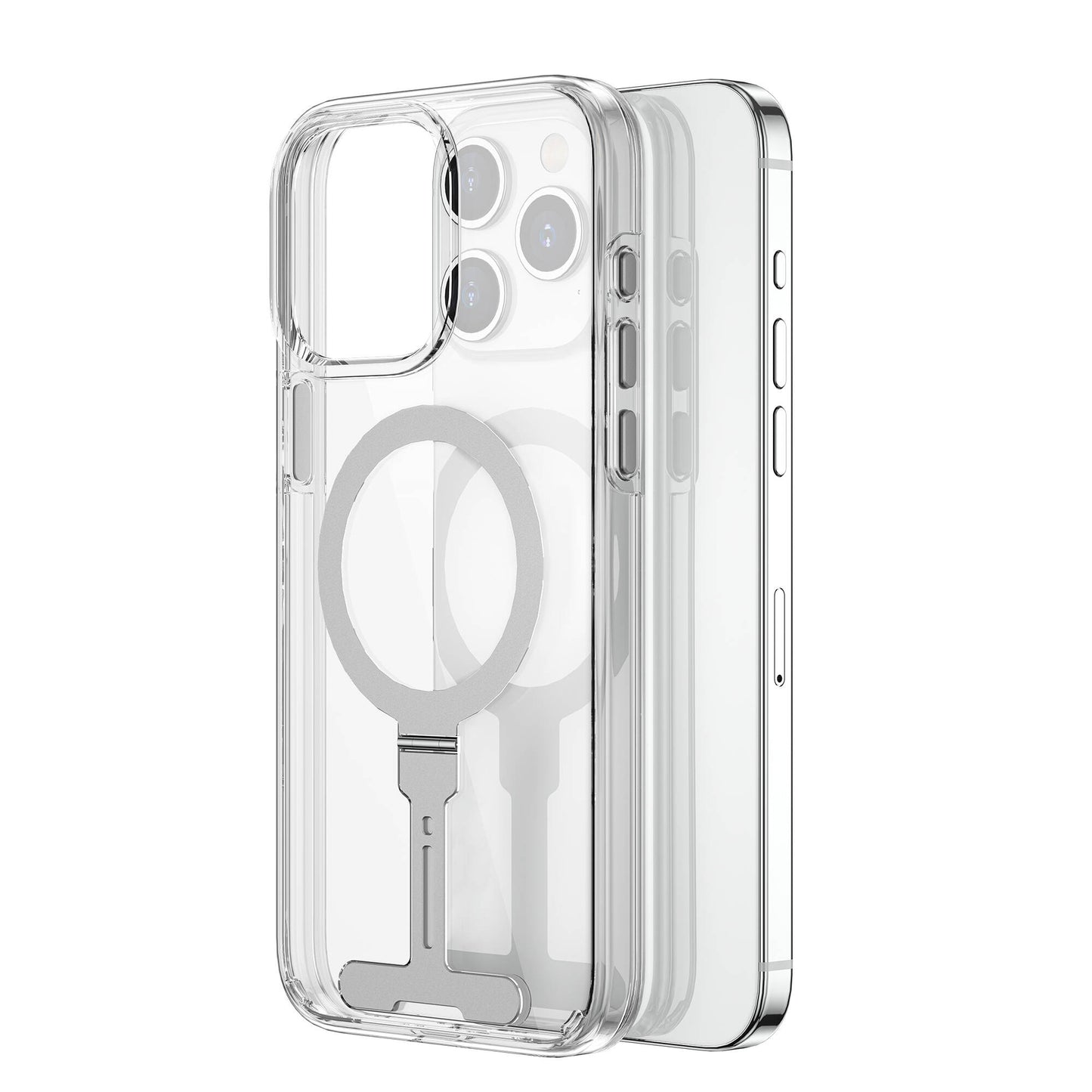 Apple iPhone 15 Pro Kılıf Wiwu FYY-014 M-safe Şarj Özellikli Alüminyum Alaşım Metal Standlı Şeffaf Kapak Renksiz