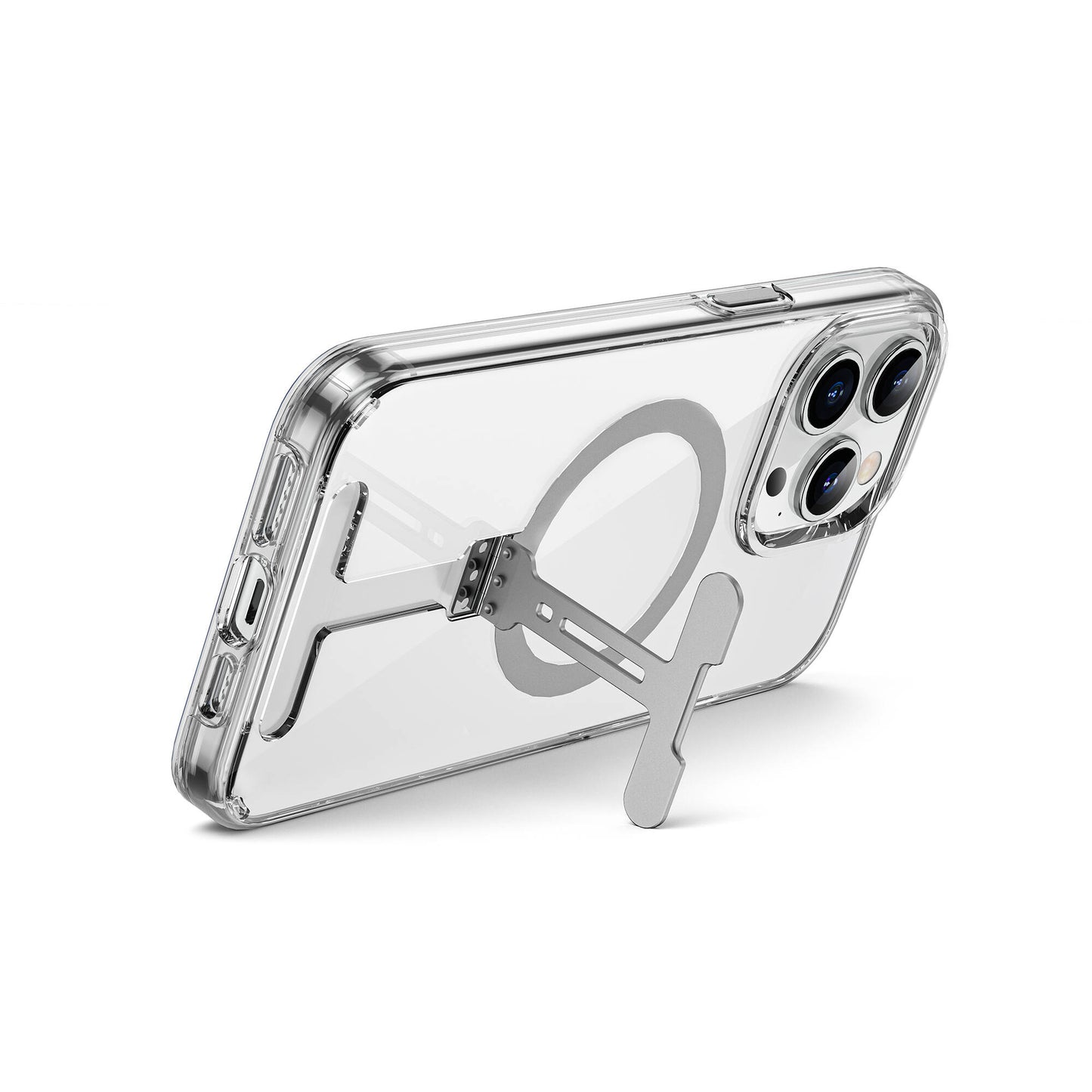 Apple iPhone 15 Pro Kılıf Wiwu FYY-014 M-safe Şarj Özellikli Alüminyum Alaşım Metal Standlı Şeffaf Kapak Renksiz