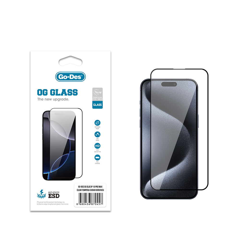Apple iPhone 15 Pro Max Go Des OG Glass Antistatik Temperli Cam Ekran Koruyucu