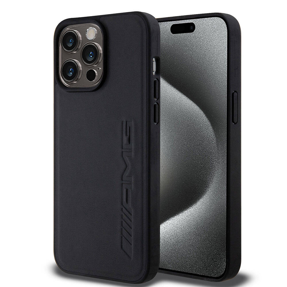 Apple iPhone 15 Pro Max Kılıf AMG Orjinal Lisanslı M-safe Şarj Özellikli Deri Sıcak Damgalı Kapak Siyah