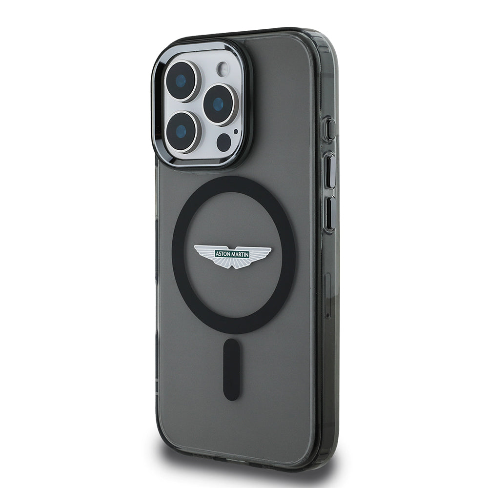 Apple iPhone 15 Pro Max Kılıf Aston Martin Orjinal Lisanslı M-safe Şarj Özellikli IML Baskı Logolu Metal Düğmeli Kapak Siyah