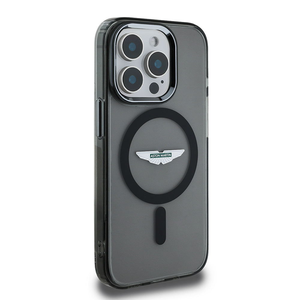 Apple iPhone 15 Pro Max Kılıf Aston Martin Orjinal Lisanslı M-safe Şarj Özellikli IML Baskı Logolu Metal Düğmeli Kapak Siyah