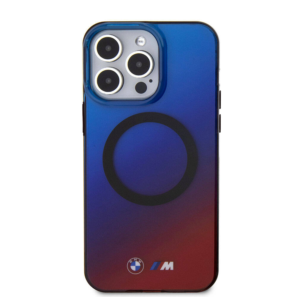 Apple iPhone 15 Pro Max Kılıf BMW M-safe Şarj Özellikli Transparan Renk Geçişli Dizayn Orjinal Lisanslı Kapak Mavi-Kırmızı