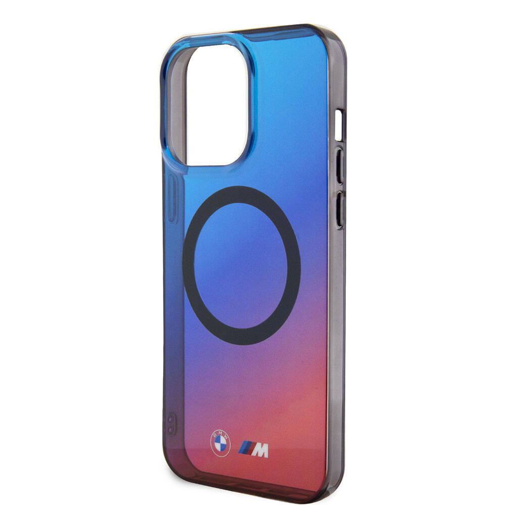 Apple iPhone 15 Pro Max Kılıf BMW M-safe Şarj Özellikli Transparan Renk Geçişli Dizayn Orjinal Lisanslı Kapak Mavi-Kırmızı