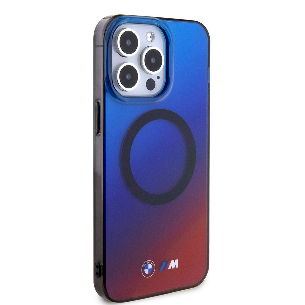 Apple iPhone 15 Pro Max Kılıf BMW M-safe Şarj Özellikli Transparan Renk Geçişli Dizayn Orjinal Lisanslı Kapak Mavi-Kırmızı