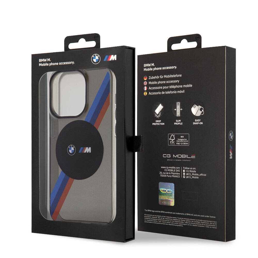 Apple iPhone 15 Pro Max Kılıf BMW M-safe Şarj Özellikli Transparan Tricolor Stripes Orjinal Lisanslı Kapak Gri