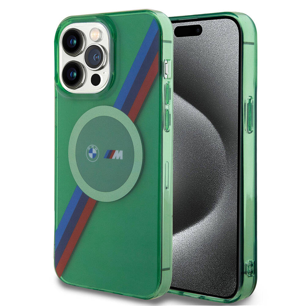 Apple iPhone 15 Pro Max Kılıf BMW M-safe Şarj Özellikli Transparan Tricolor Stripes Orjinal Lisanslı Kapak Gri