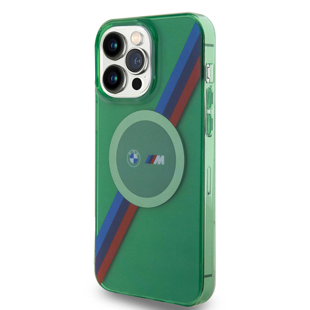 Apple iPhone 15 Pro Max Kılıf BMW M-safe Şarj Özellikli Transparan Tricolor Stripes Orjinal Lisanslı Kapak Yeşil