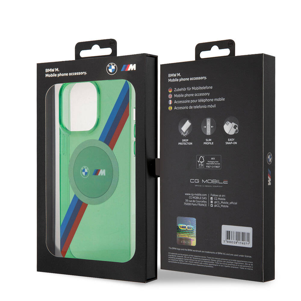 Apple iPhone 15 Pro Max Kılıf BMW M-safe Şarj Özellikli Transparan Tricolor Stripes Orjinal Lisanslı Kapak Yeşil