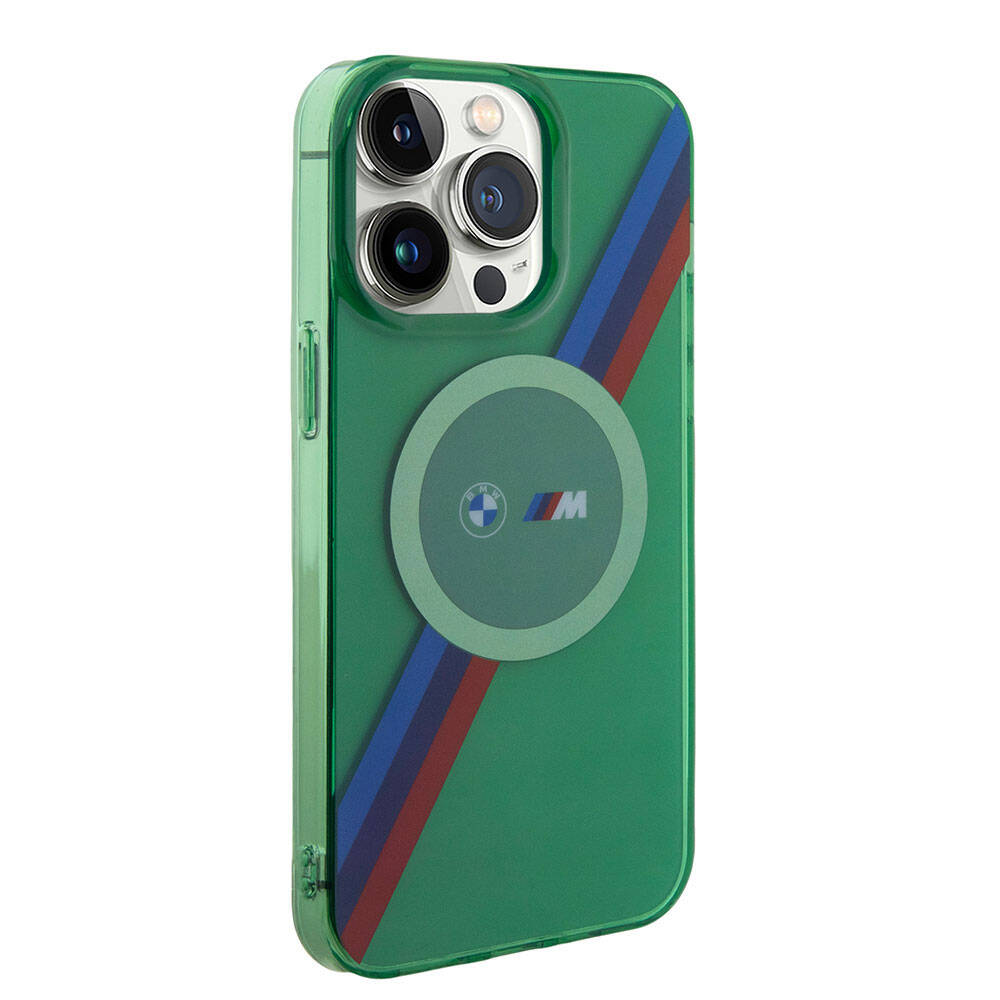Apple iPhone 15 Pro Max Kılıf BMW M-safe Şarj Özellikli Transparan Tricolor Stripes Orjinal Lisanslı Kapak Yeşil