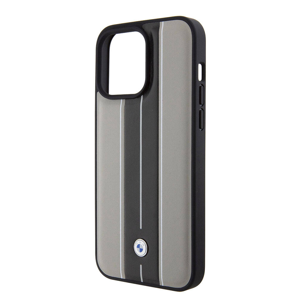 Apple iPhone 15 Pro Max Kılıf BMW Orjinal Lisanslı Deri Arka Yüzey Metal Logolu Çift Şerit Tasarımlı Kapak Krem