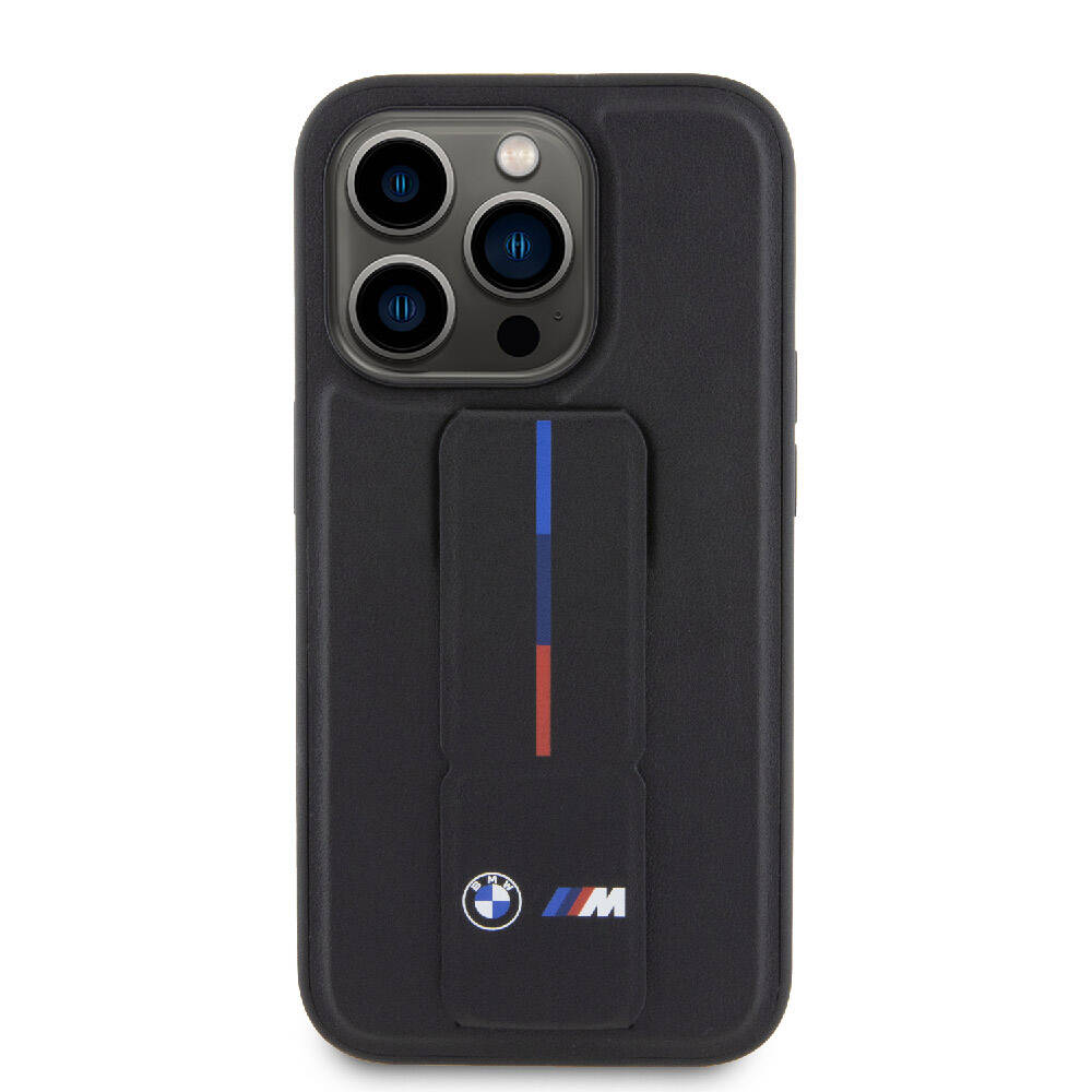 Apple iPhone 15 Pro Max Kılıf BMW Orjinal Lisanslı M Şerit ve Logolu Standlı Kapak Gri