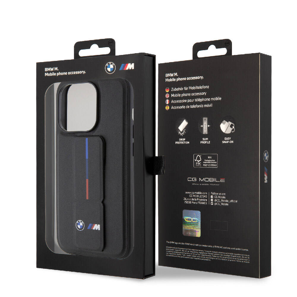 Apple iPhone 15 Pro Max Kılıf BMW Orjinal Lisanslı M Şerit ve Logolu Standlı Kapak Gri