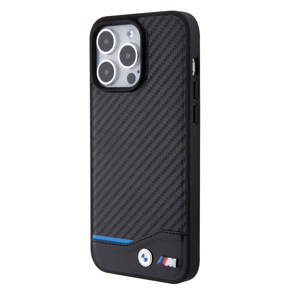 Apple iPhone 15 Pro Max Kılıf BMW Orjinal Lisanslı M-safe Şarj Özellikli M Logolu PU Karbon Kapak Siyah