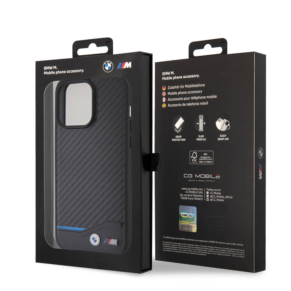Apple iPhone 15 Pro Max Kılıf BMW Orjinal Lisanslı M-safe Şarj Özellikli M Logolu PU Karbon Kapak Siyah