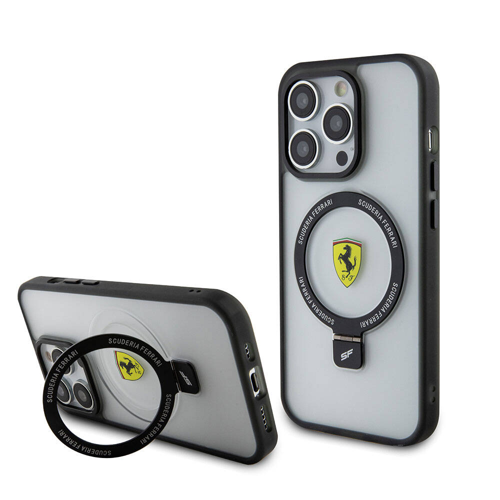 Apple iPhone 15 Pro Max Kılıf Ferrari M-safe Şarj Özellikli Standlı Buzlu Yüzey Dizayn Kapak Siyah
