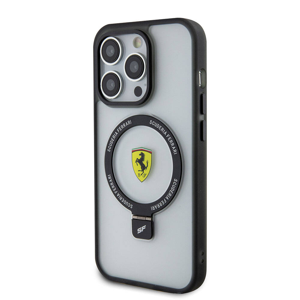 Apple iPhone 15 Pro Max Kılıf Ferrari M-safe Şarj Özellikli Standlı Buzlu Yüzey Dizayn Kapak Siyah