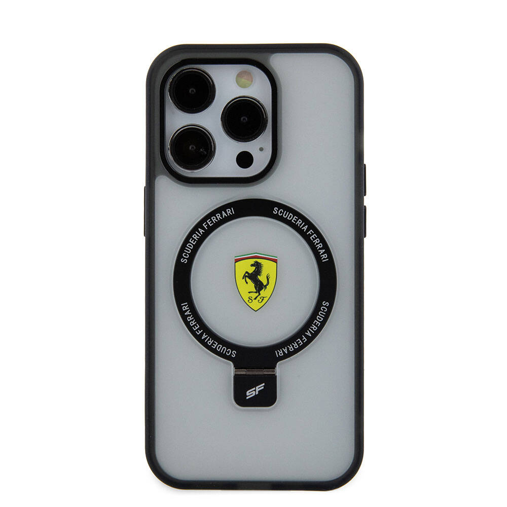 Apple iPhone 15 Pro Max Kılıf Ferrari M-safe Şarj Özellikli Standlı Buzlu Yüzey Dizayn Kapak Siyah