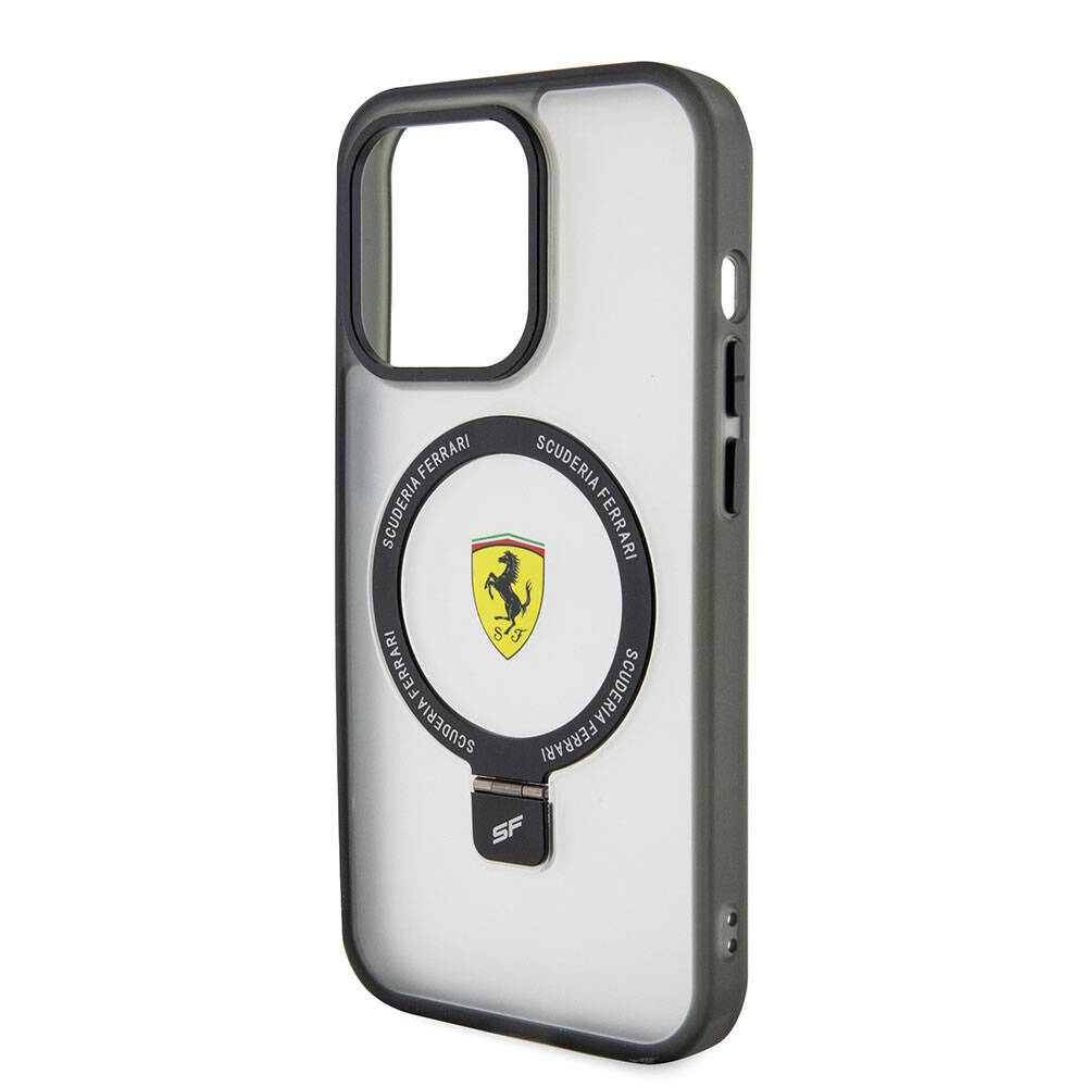 Apple iPhone 15 Pro Max Kılıf Ferrari M-safe Şarj Özellikli Standlı Buzlu Yüzey Dizayn Kapak Siyah