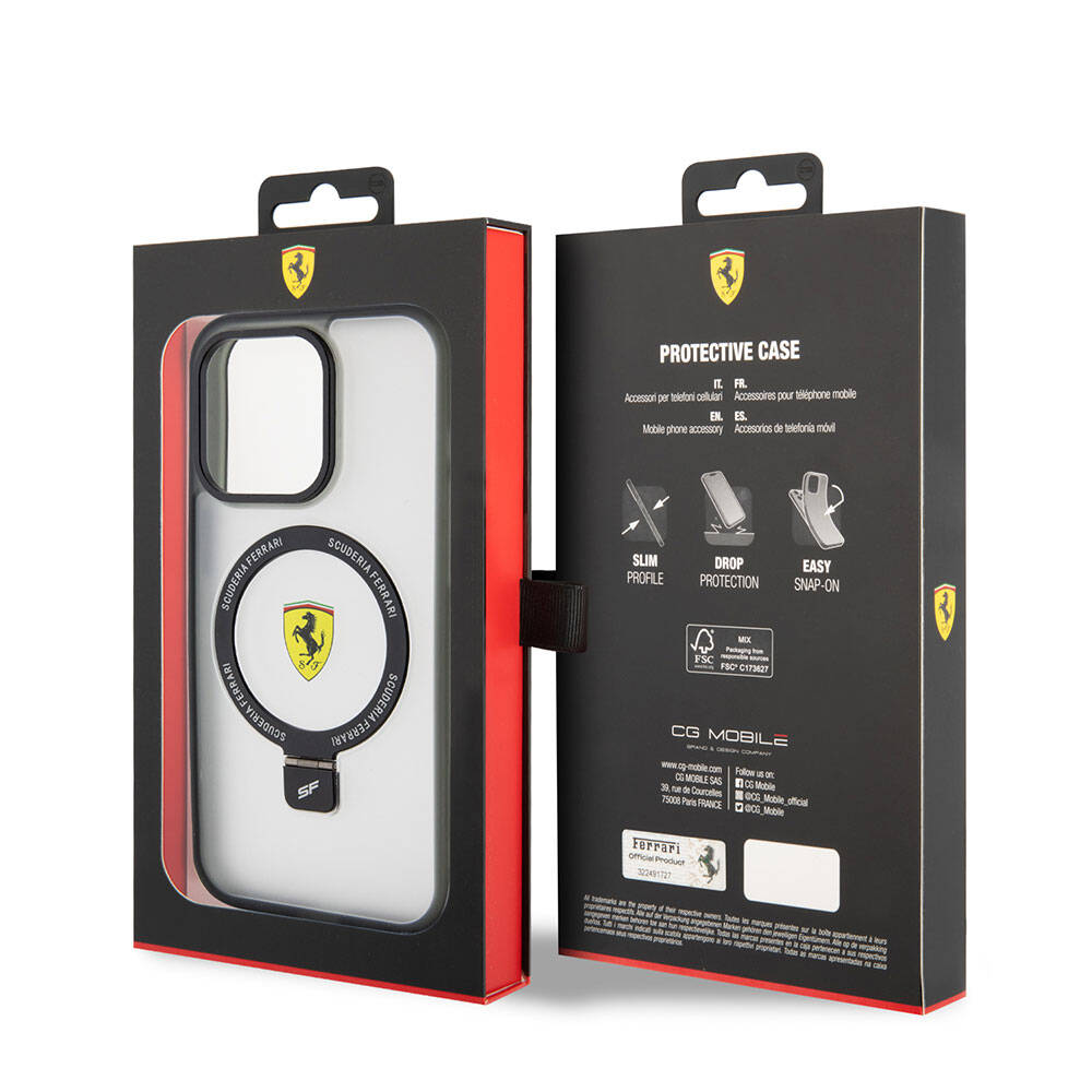 Apple iPhone 15 Pro Max Kılıf Ferrari M-safe Şarj Özellikli Standlı Buzlu Yüzey Dizayn Kapak Siyah