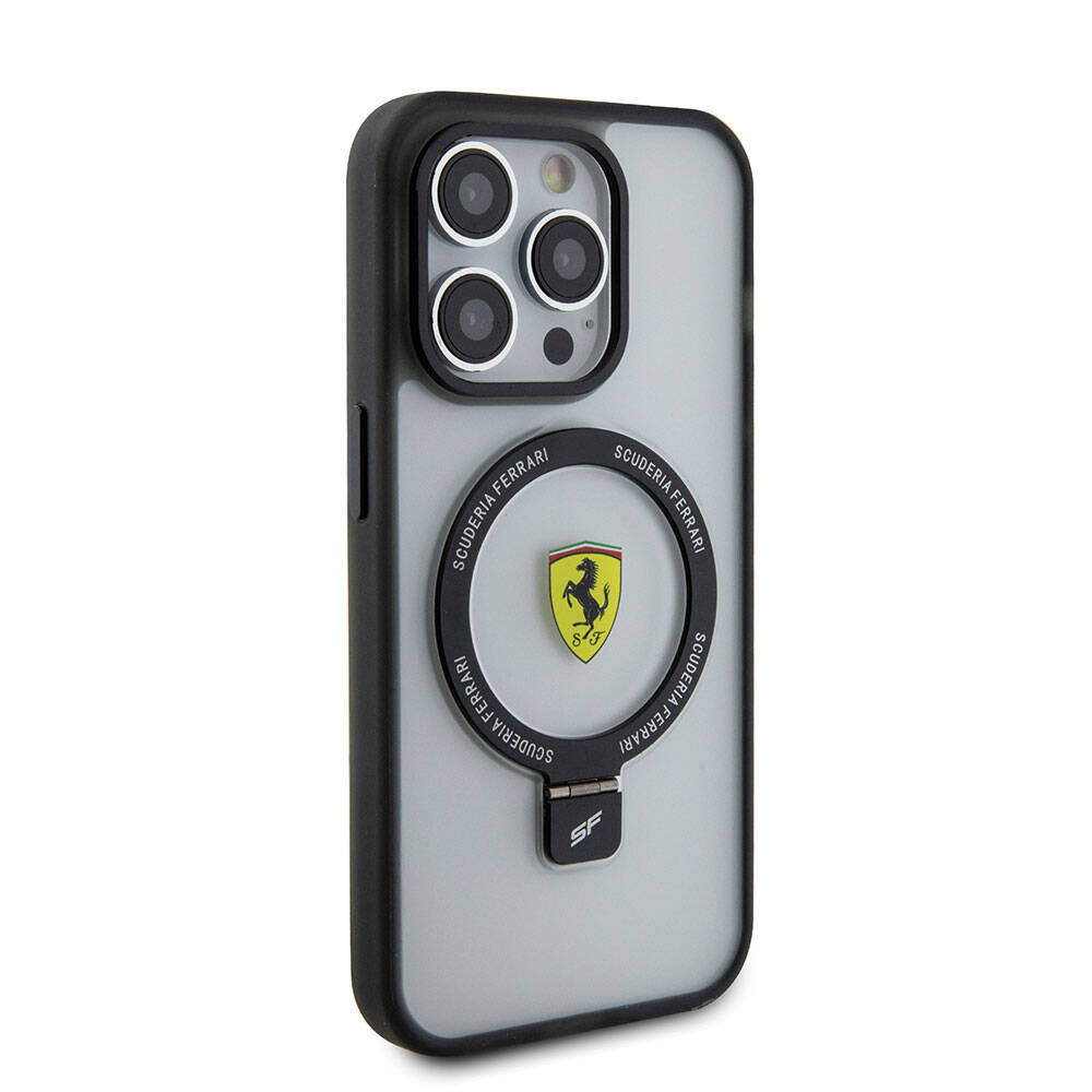 Apple iPhone 15 Pro Max Kılıf Ferrari M-safe Şarj Özellikli Standlı Buzlu Yüzey Dizayn Kapak Siyah