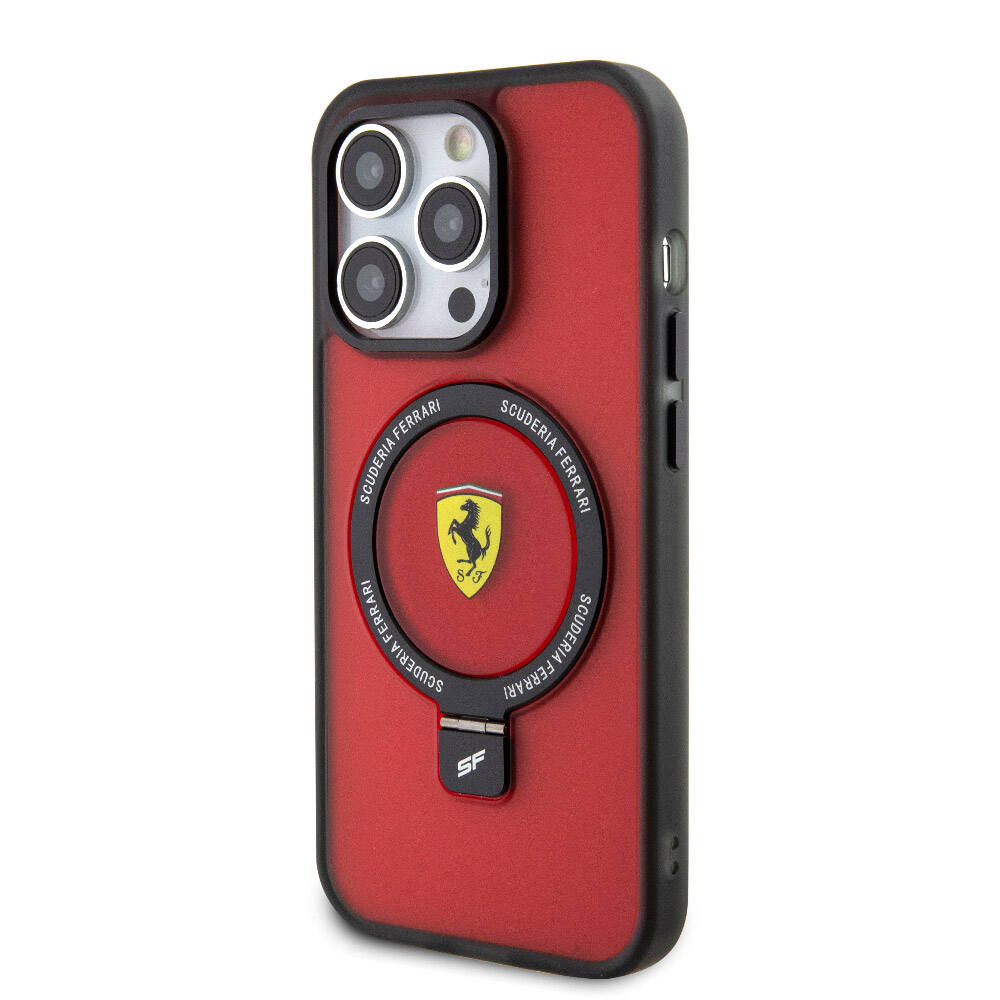 Apple iPhone 15 Pro Max Kılıf Ferrari M-safe Şarj Özellikli Standlı Buzlu Yüzey Dizayn Kapak Siyah