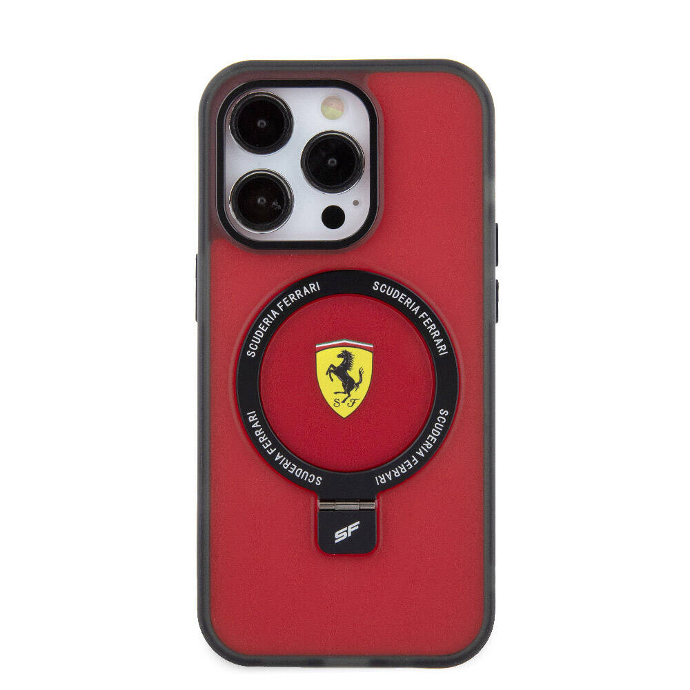 Apple iPhone 15 Pro Max Kılıf Ferrari M-safe Şarj Özellikli Standlı Buzlu Yüzey Dizayn Kapak Siyah