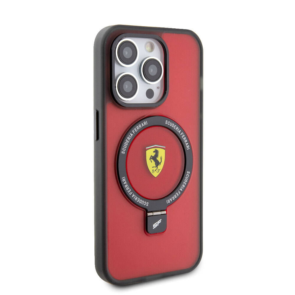 Apple iPhone 15 Pro Max Kılıf Ferrari M-safe Şarj Özellikli Standlı Buzlu Yüzey Dizayn Kapak Siyah