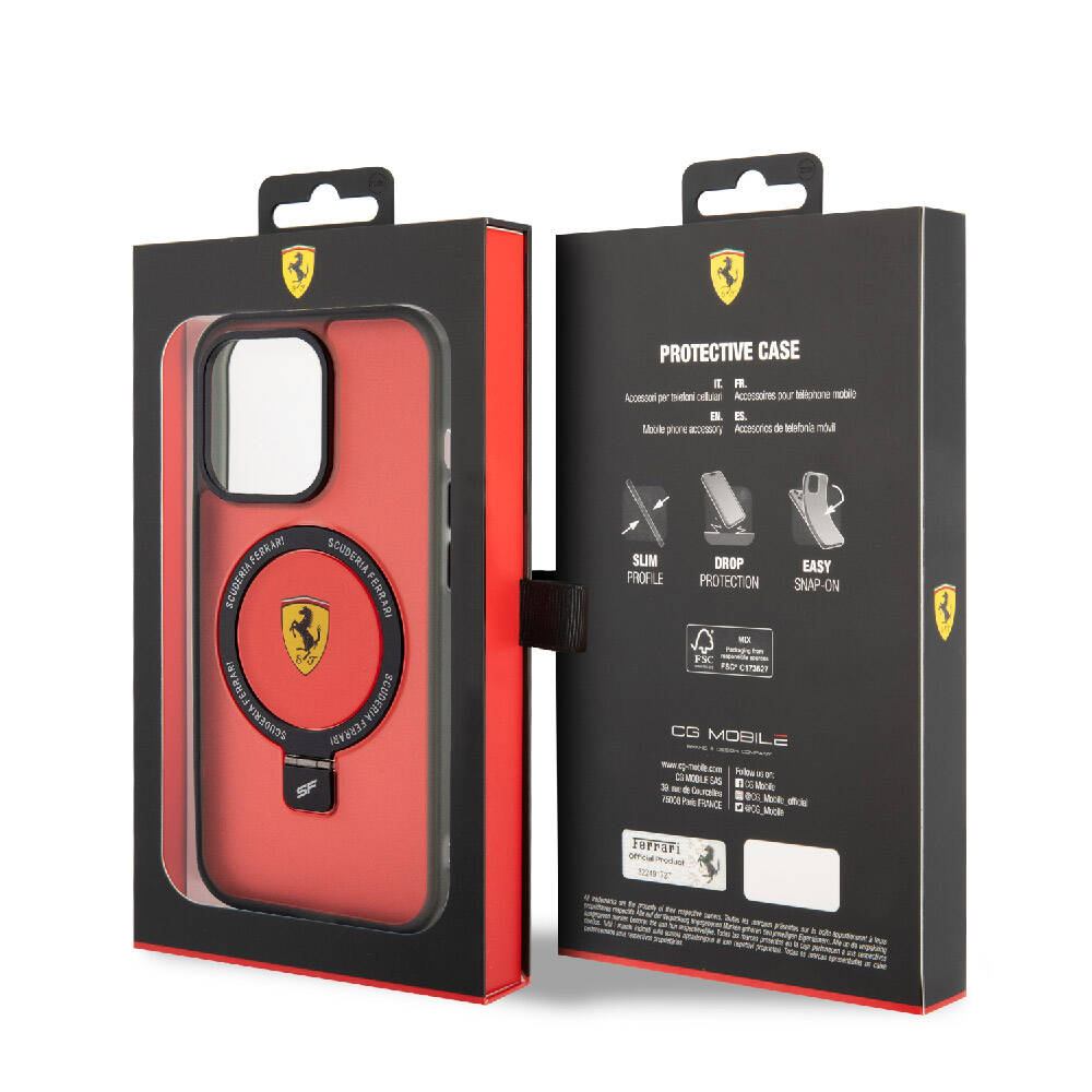 Apple iPhone 15 Pro Max Kılıf Ferrari M-safe Şarj Özellikli Standlı Buzlu Yüzey Dizayn Kapak Siyah