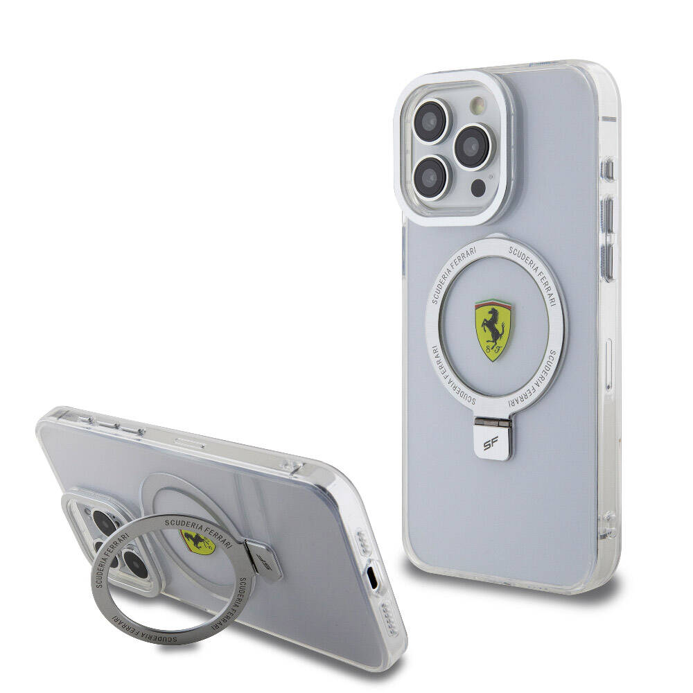 Apple iPhone 15 Pro Max Kılıf Ferrari M-safe Şarj Özellikli Standlı Buzlu Yüzey Dizayn Kapak Gümüş