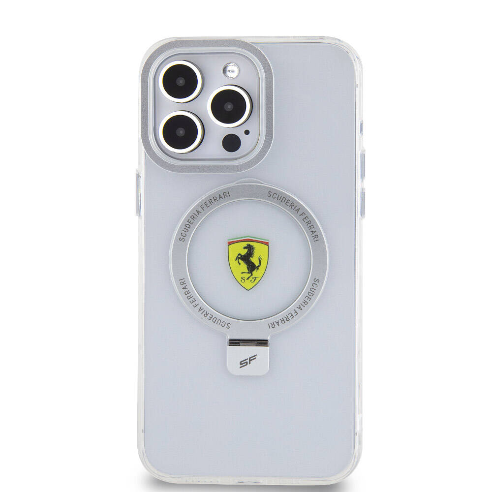 Apple iPhone 15 Pro Max Kılıf Ferrari M-safe Şarj Özellikli Standlı Buzlu Yüzey Dizayn Kapak Siyah