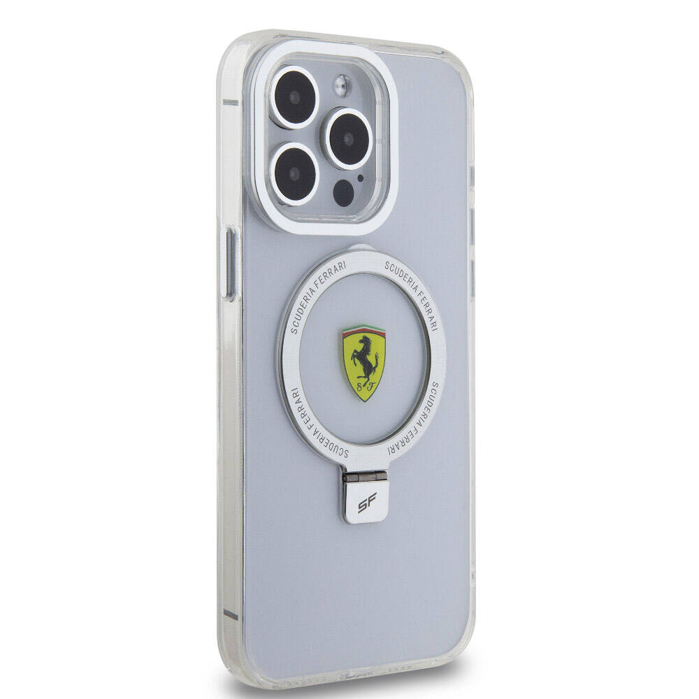 Apple iPhone 15 Pro Max Kılıf Ferrari M-safe Şarj Özellikli Standlı Buzlu Yüzey Dizayn Kapak Siyah