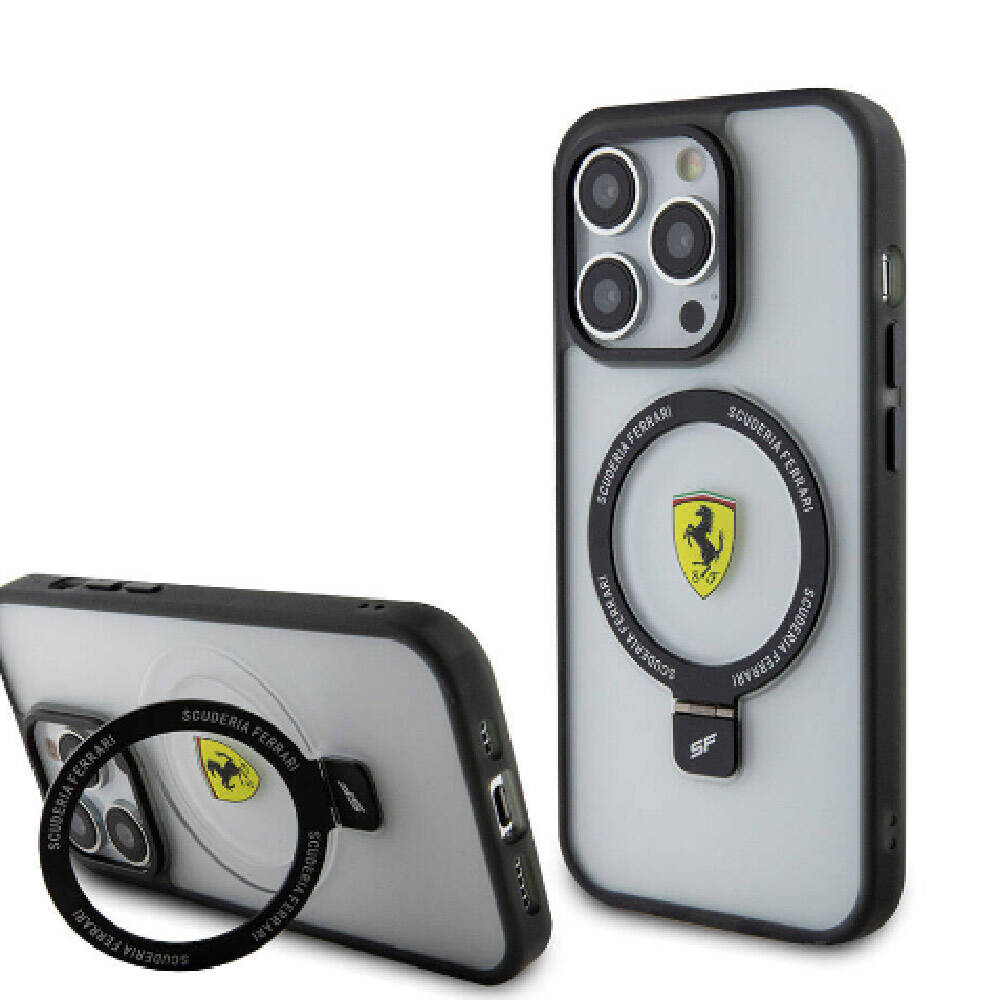 Apple iPhone 15 Pro Max Kılıf Ferrari M-safe Şarj Özellikli Standlı Buzlu Yüzey Dizayn Kapak Siyah