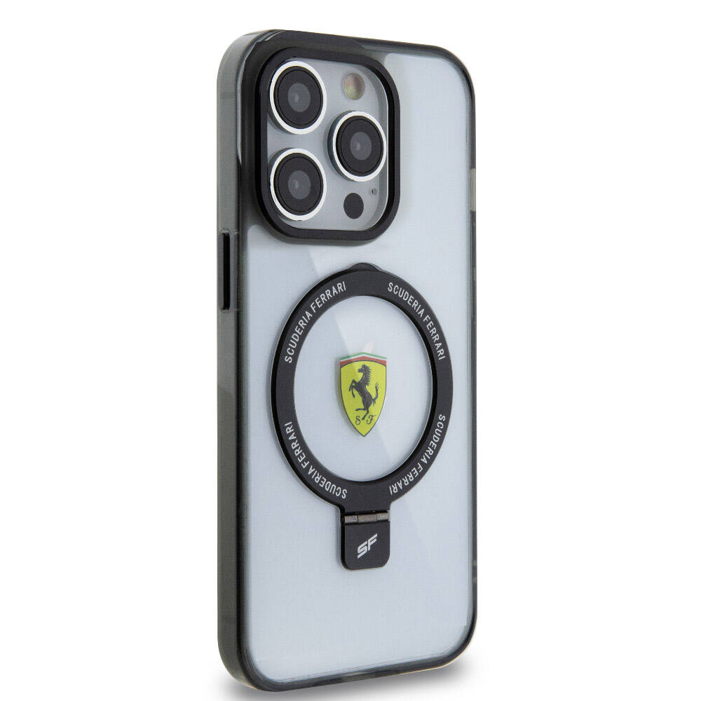 Apple iPhone 15 Pro Max Kılıf Ferrari M-safe Şarj Özellikli Standlı Buzlu Yüzey Dizayn Kapak Siyah