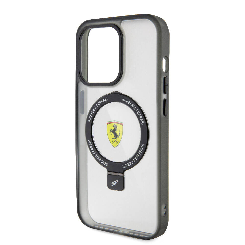 Apple iPhone 15 Pro Max Kılıf Ferrari M-safe Şarj Özellikli Standlı Buzlu Yüzey Dizayn Kapak Siyah
