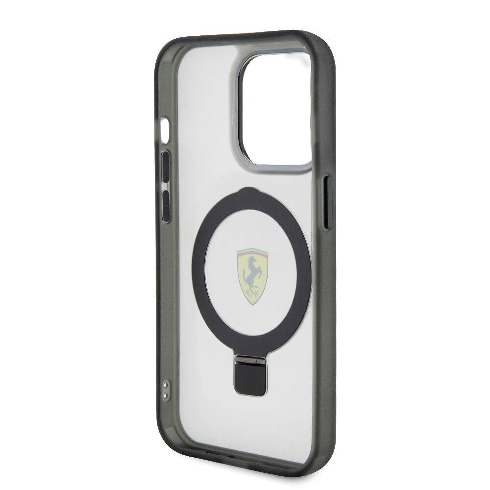 Apple iPhone 15 Pro Max Kılıf Ferrari M-safe Şarj Özellikli Standlı Buzlu Yüzey Dizayn Kapak Siyah