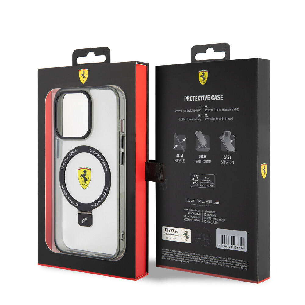 Apple iPhone 15 Pro Max Kılıf Ferrari M-safe Şarj Özellikli Standlı Buzlu Yüzey Dizayn Kapak Siyah
