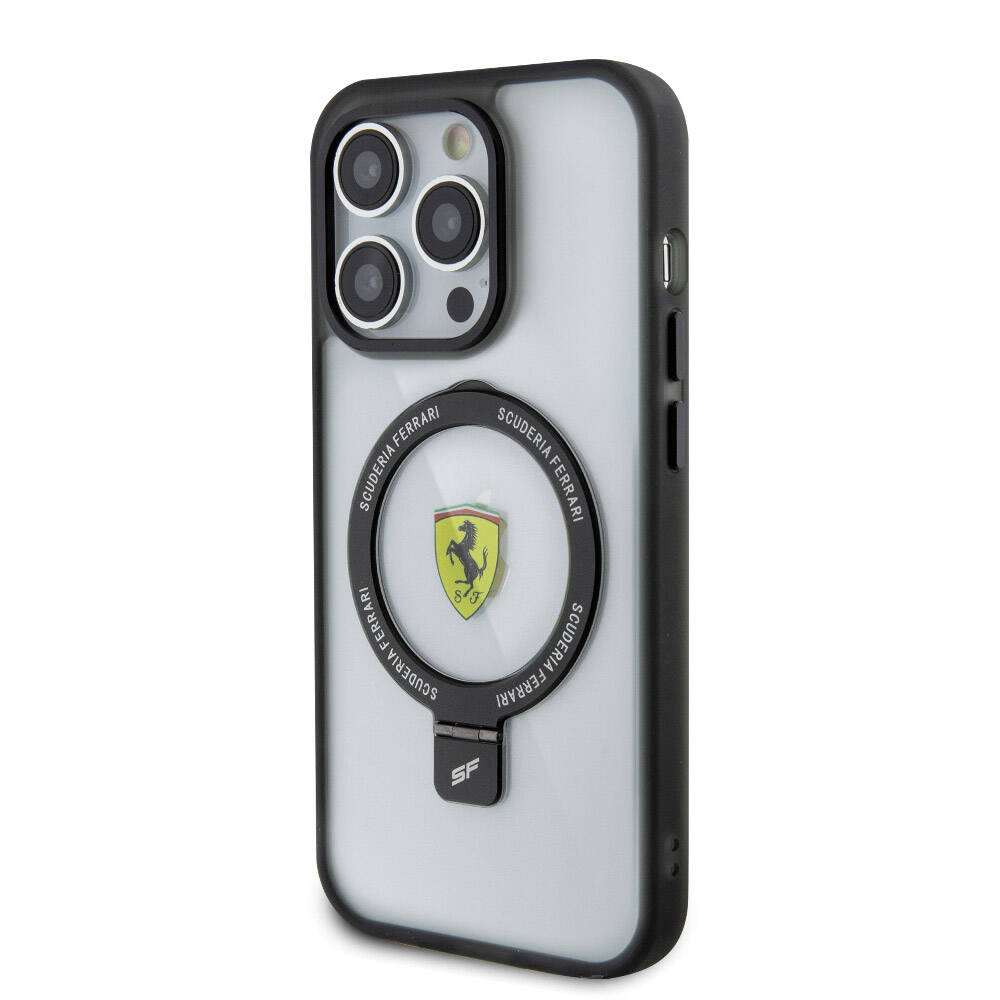 Apple iPhone 15 Pro Max Kılıf Ferrari M-safe Şarj Özellikli Standlı Buzlu Yüzey Dizayn Kapak Siyah