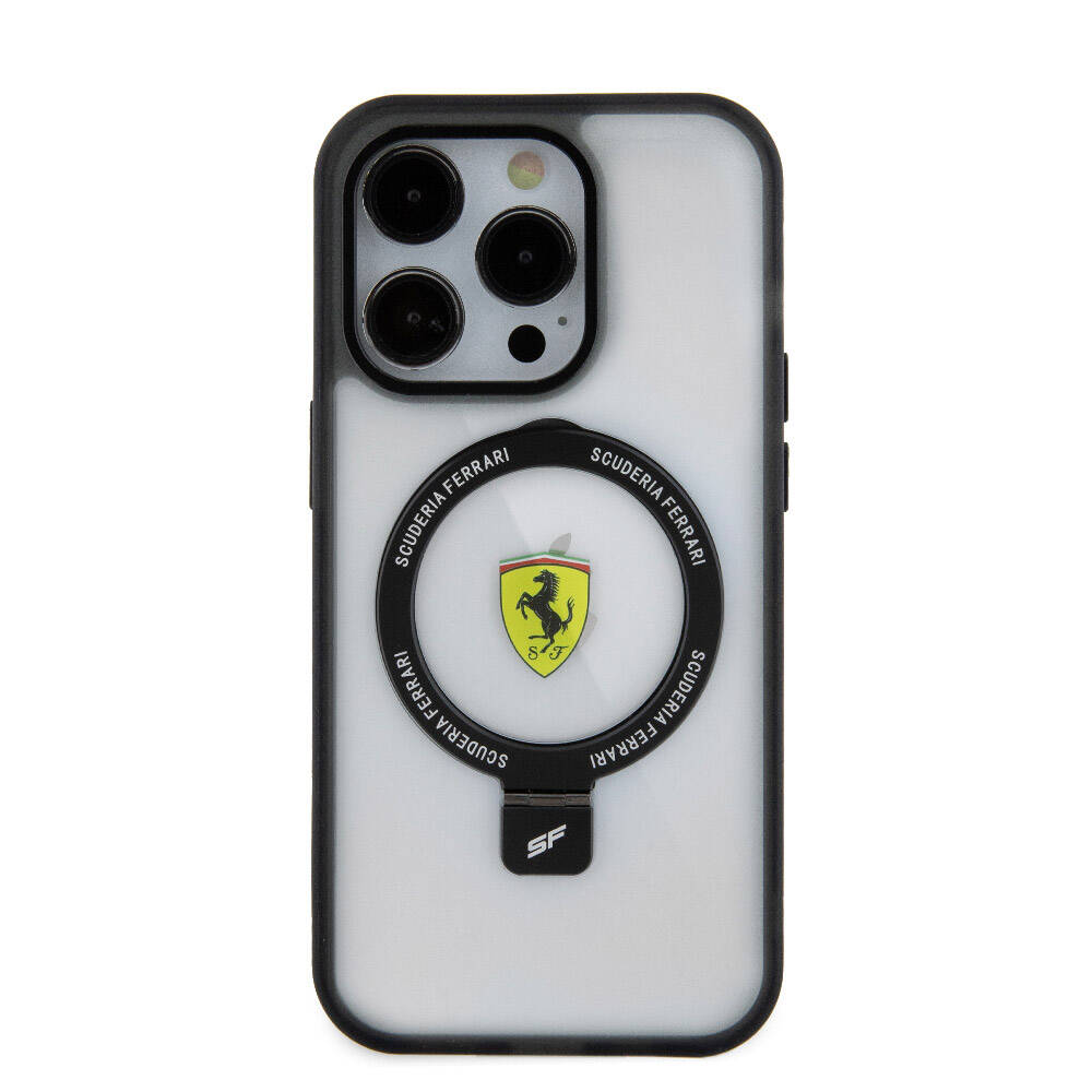Apple iPhone 15 Pro Max Kılıf Ferrari M-safe Şarj Özellikli Standlı Buzlu Yüzey Dizayn Kapak Siyah