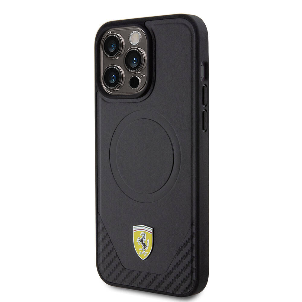 Apple iPhone 15 Pro Max Kılıf Ferrari Orjinal Lisanslı M-safe Şarj Özellikli Metal Logolu PU Karbon Kapak Siyah
