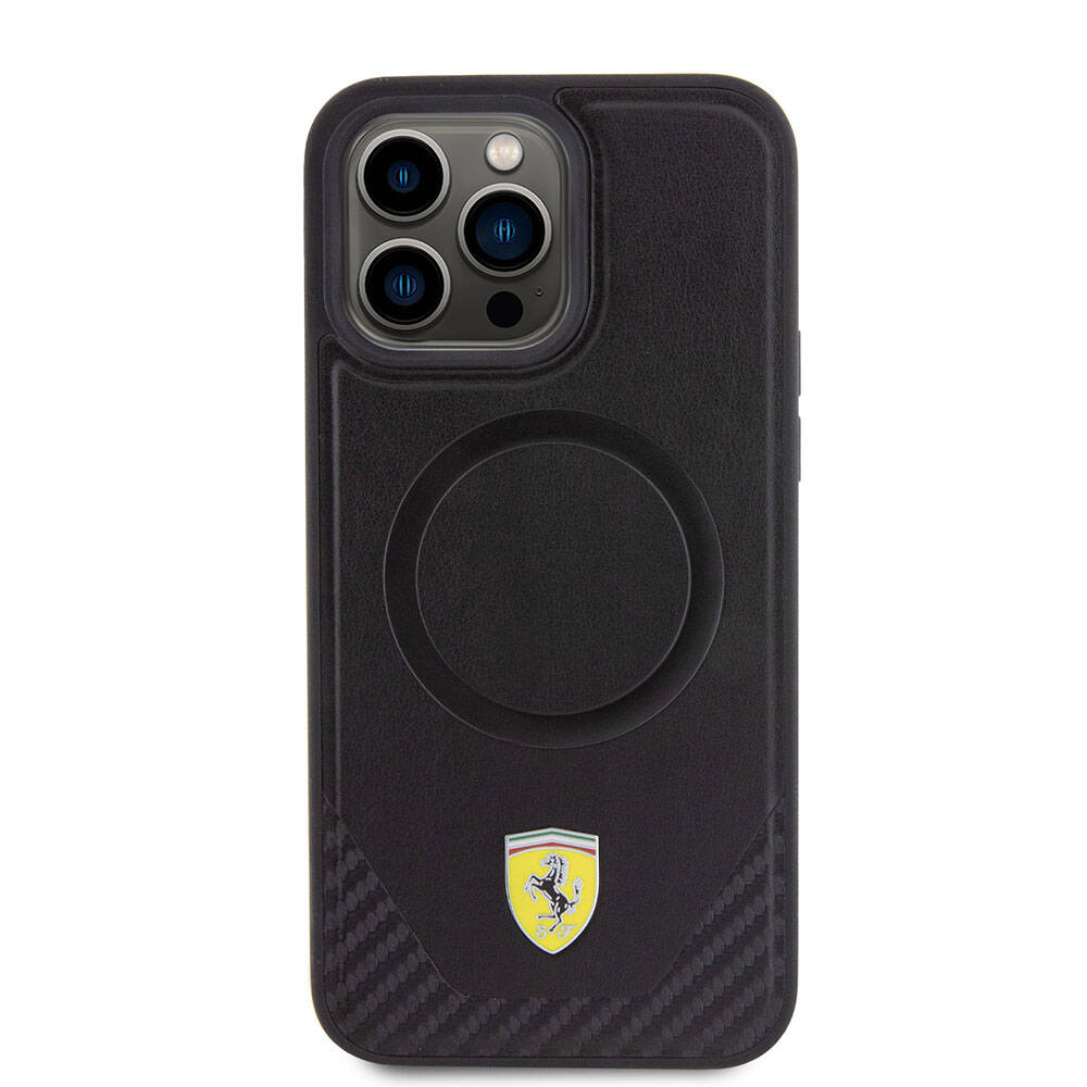 Apple iPhone 15 Pro Max Kılıf Ferrari Orjinal Lisanslı M-safe Şarj Özellikli Metal Logolu PU Karbon Kapak Siyah