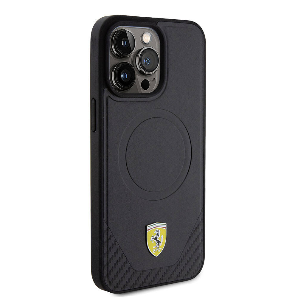 Apple iPhone 15 Pro Max Kılıf Ferrari Orjinal Lisanslı M-safe Şarj Özellikli Metal Logolu PU Karbon Kapak Siyah