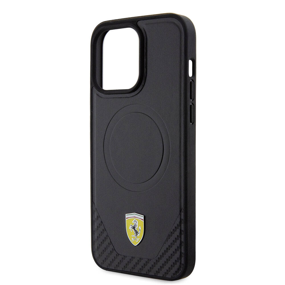 Apple iPhone 15 Pro Max Kılıf Ferrari Orjinal Lisanslı M-safe Şarj Özellikli Metal Logolu PU Karbon Kapak Siyah