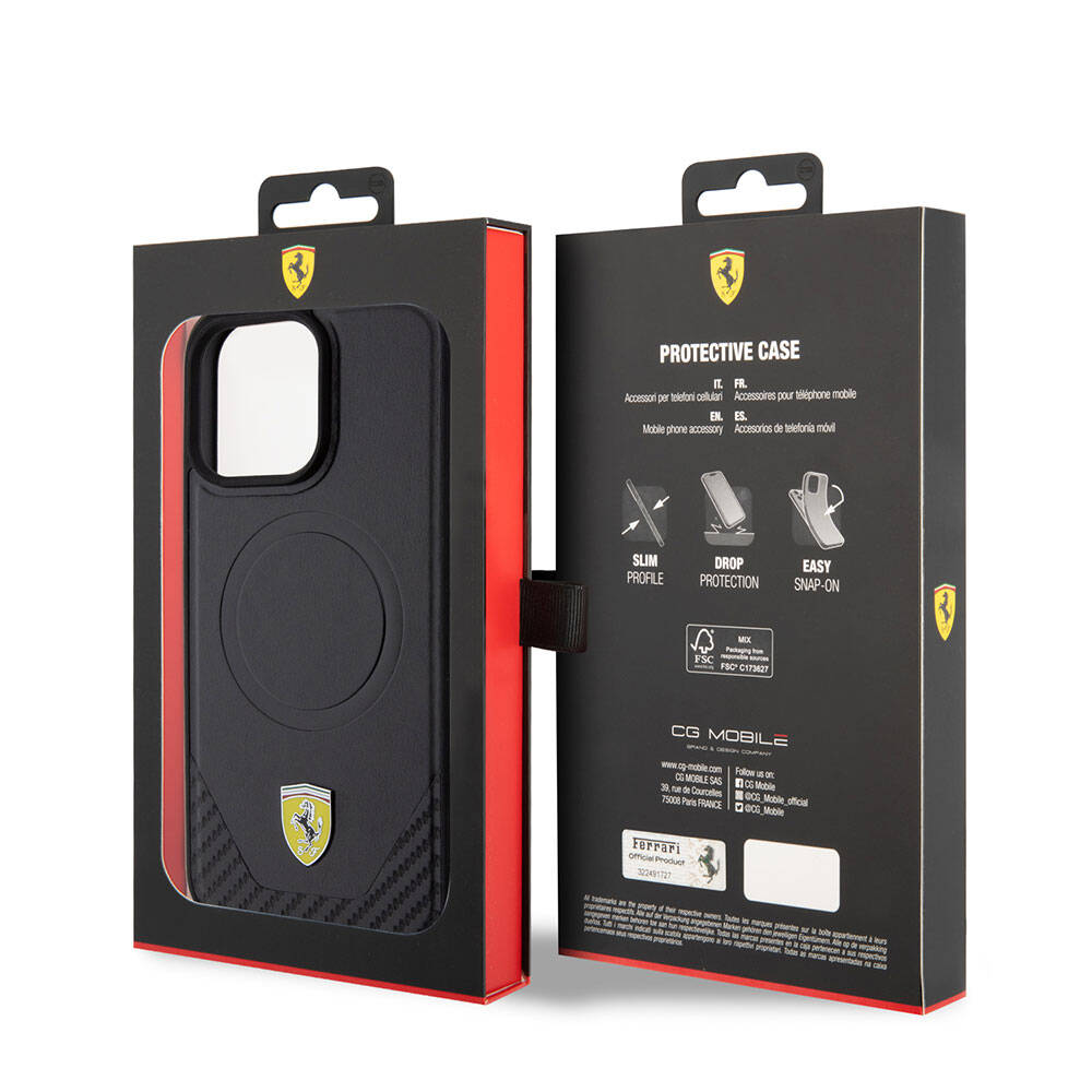 Apple iPhone 15 Pro Max Kılıf Ferrari Orjinal Lisanslı M-safe Şarj Özellikli Metal Logolu PU Karbon Kapak Siyah