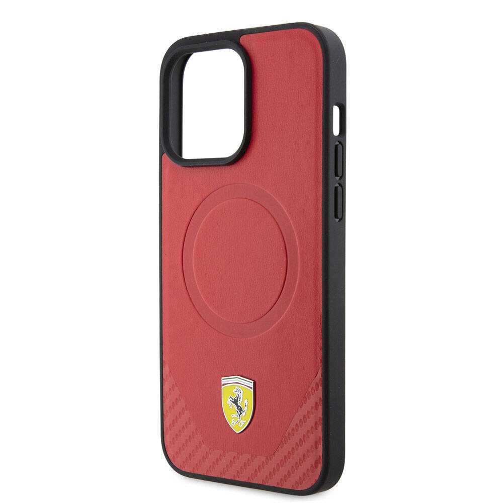 Apple iPhone 15 Pro Max Kılıf Ferrari Orjinal Lisanslı M-safe Şarj Özellikli Metal Logolu PU Karbon Kapak Siyah