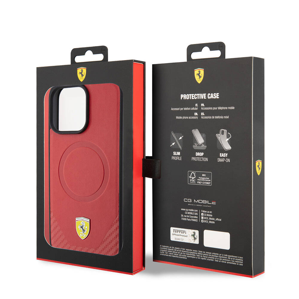 Apple iPhone 15 Pro Max Kılıf Ferrari Orjinal Lisanslı M-safe Şarj Özellikli Metal Logolu PU Karbon Kapak Siyah