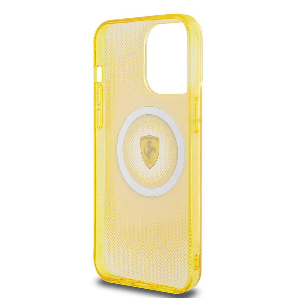 Apple iPhone 15 Pro Max Kılıf Ferrari Orjinal Lisanslı M-safe Şarj Özellikli Parçalanan Noktalar Desenli Kapak Sarı