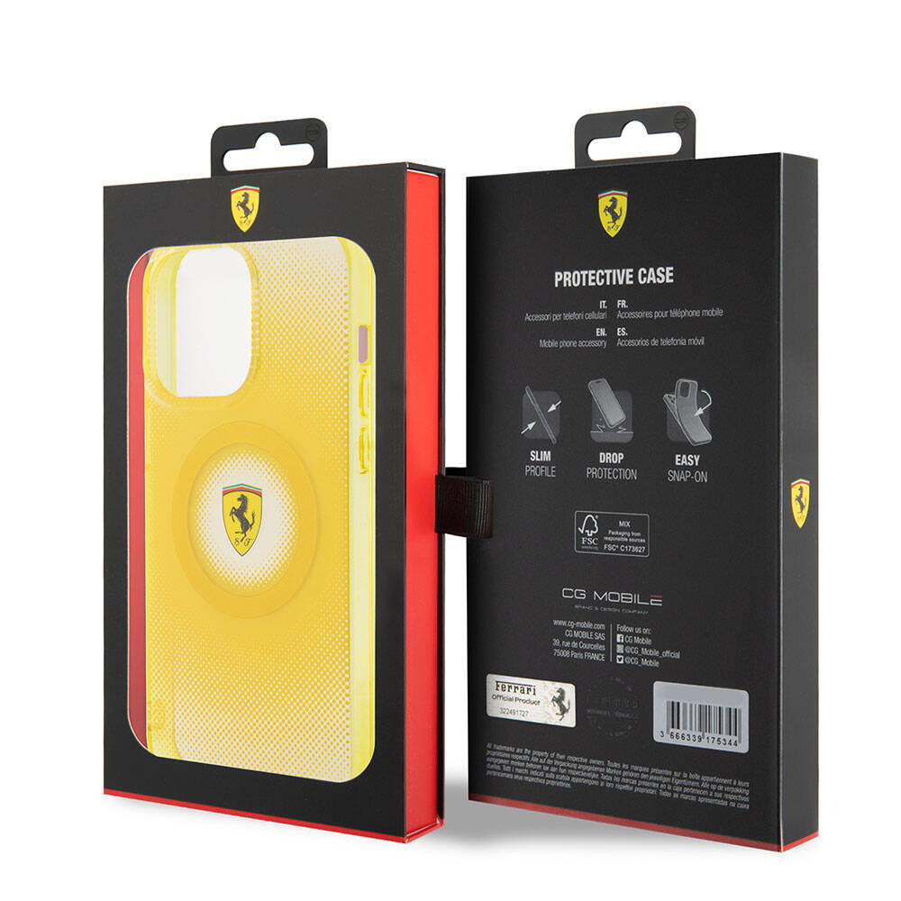 Apple iPhone 15 Pro Max Kılıf Ferrari Orjinal Lisanslı M-safe Şarj Özellikli Parçalanan Noktalar Desenli Kapak Sarı