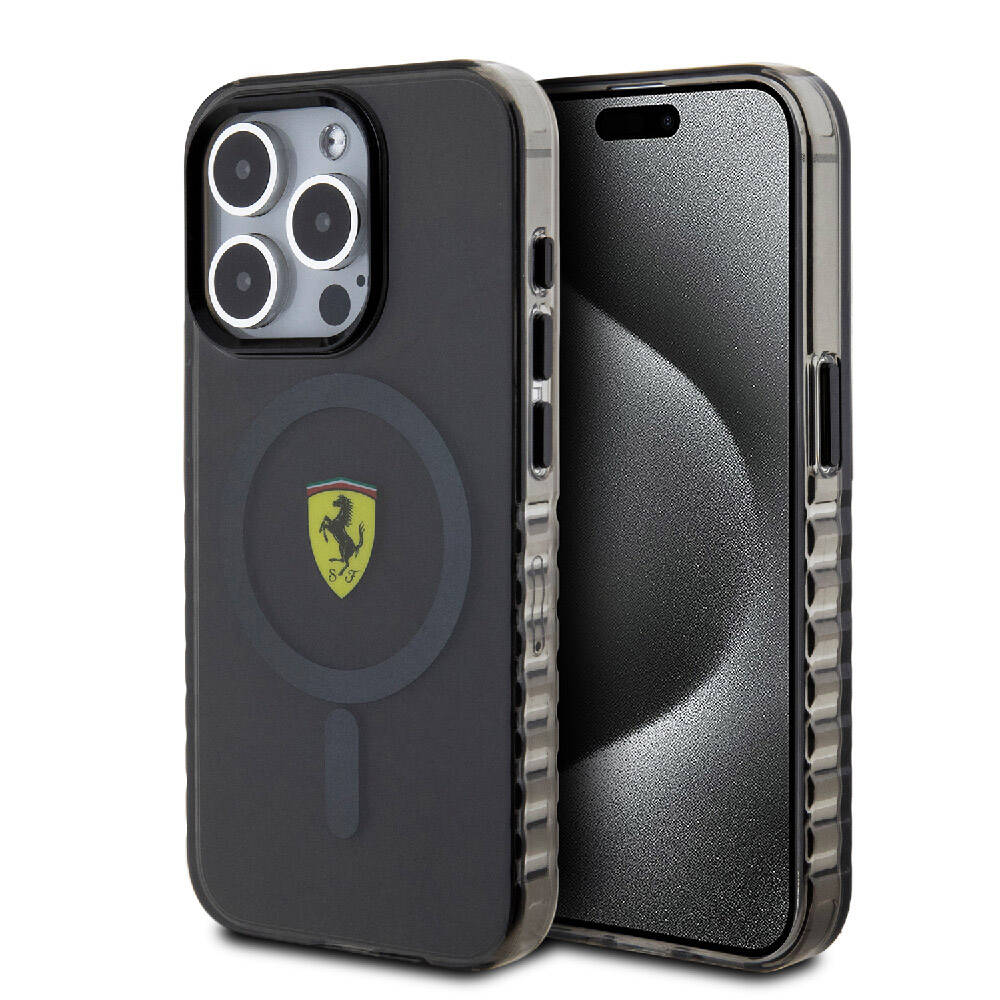 Apple iPhone 15 Pro Max Kılıf Ferrari Orjinal Lisanslı M-safe Şarj Özellikli Tırtıklı Kenar Tasarımlı Ortalanmış Logo Kapak Renksiz