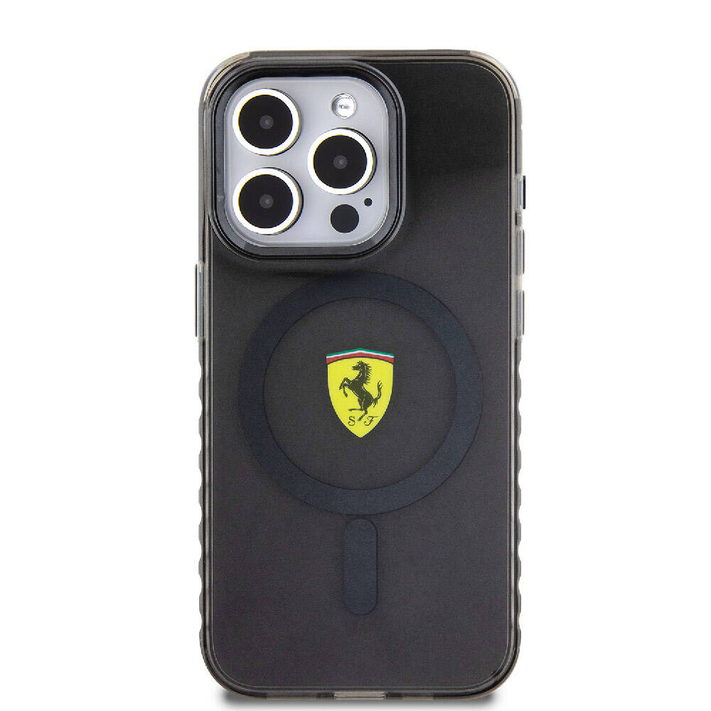 Apple iPhone 15 Pro Max Kılıf Ferrari Orjinal Lisanslı M-safe Şarj Özellikli Tırtıklı Kenar Tasarımlı Ortalanmış Logo Kapak Renksiz